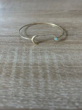 Gold Crescent Moon Open Bangle Bracelet with Light Blue Stone